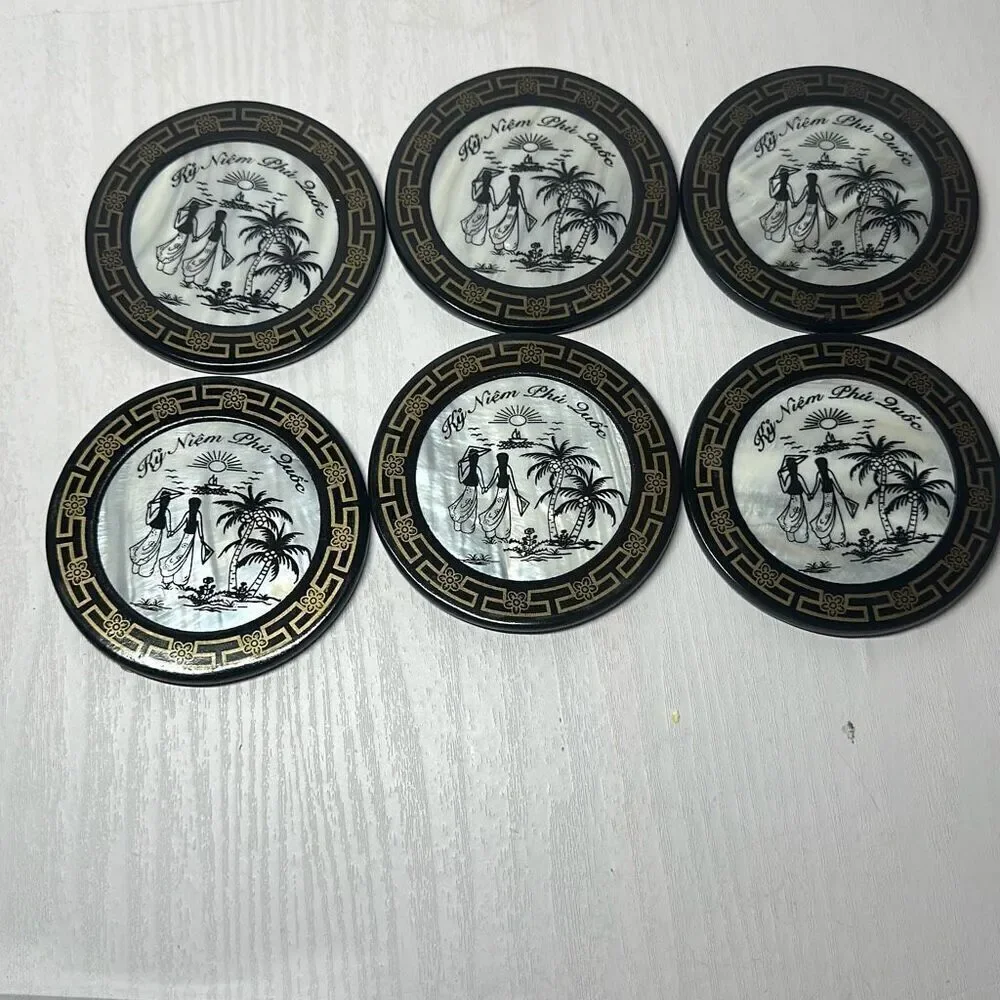 Vietnam Asian Art Set Of 6 Vietnamese Coasters Mother Of‎ Pearl Inset Vintage